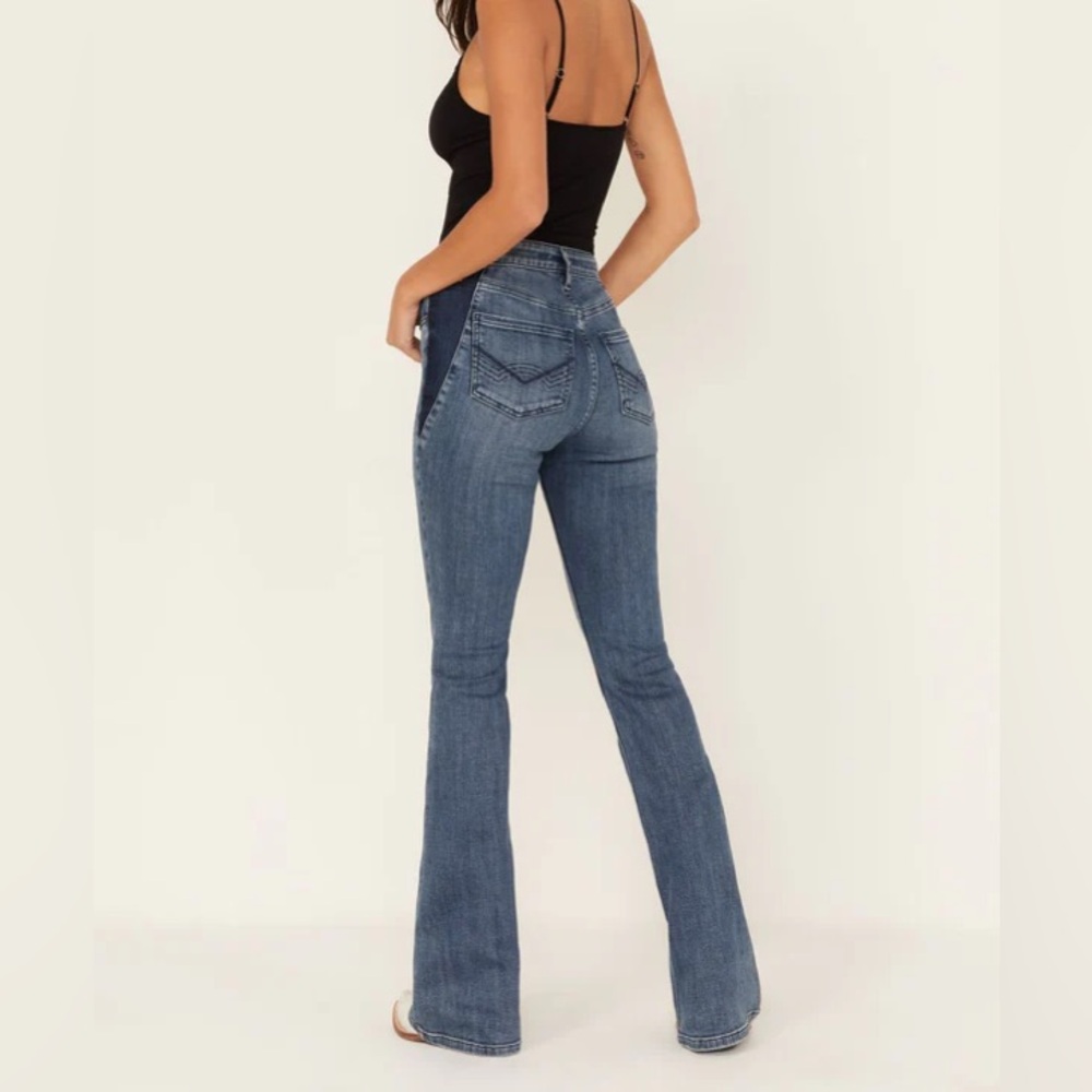 IDYLLWIND: Barella Dark Wash Contrast Panels High Risin' Stretch Bootcut Jeans